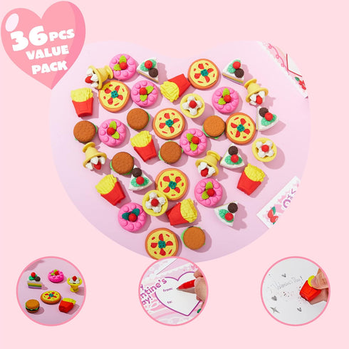 JOYIN 36 Pieces Valentines Day Gift Cards - 3D Dessert Erasers for Kid Classroom Cards, Party Favor Toy Supplies.