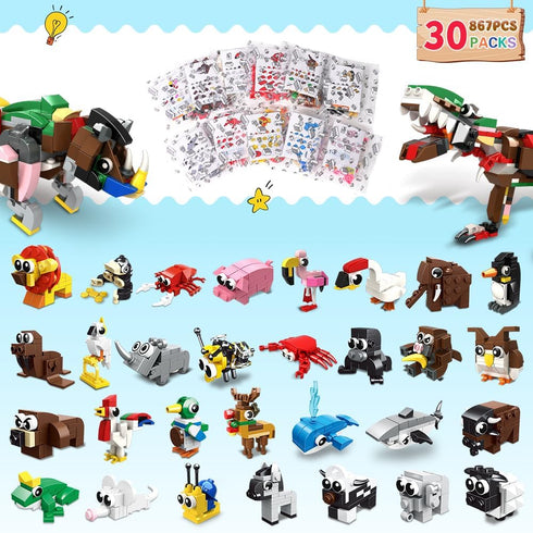 HOGOKIDS 30 Packs Party Favors for Kids, 867PCS Animals Building Blocks Sets for Classroom Prizes and Gifts