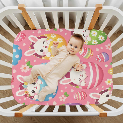 SDMKA 27x39 Inch Easter Cartoon Bunny Pink Crib Sheets for Boys Girls - Portable Microfiber Fitted Crib Sheet