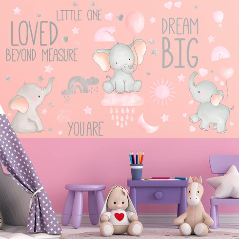 Outus 7 Pcs Dream Big Little One Elephant Nursery Wall Stickers Wall Decor Baby Room Moon Hot Air Balloon Pink Grey