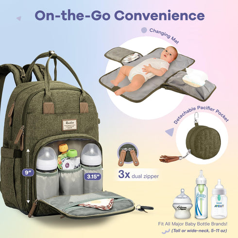 Backpack, Pack RUVALINO Diaper Bag Multifunction Travel Maternity Baby Changing Bags, Large Capacity, Waterproof, Olive