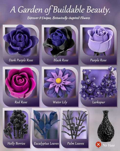 Set, Set Purple Rose Bouquet Building Artificial Floral Building Toys for Gothic Home Decor, Ideal Gift for Halloween