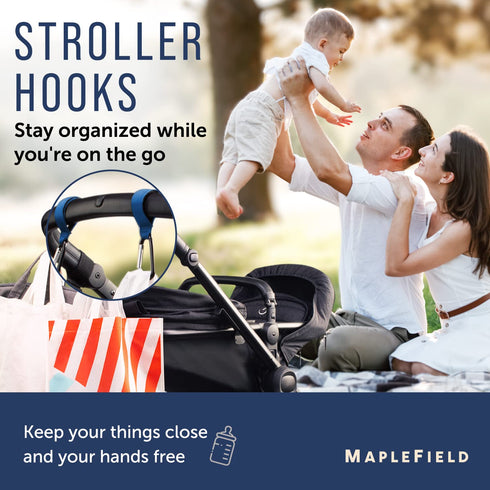 Pack 2, Maplefield Stroller Accessory Hooks - of Blue - Secure Hook & Loop Straps & Clip Holders - Carabiner Clip