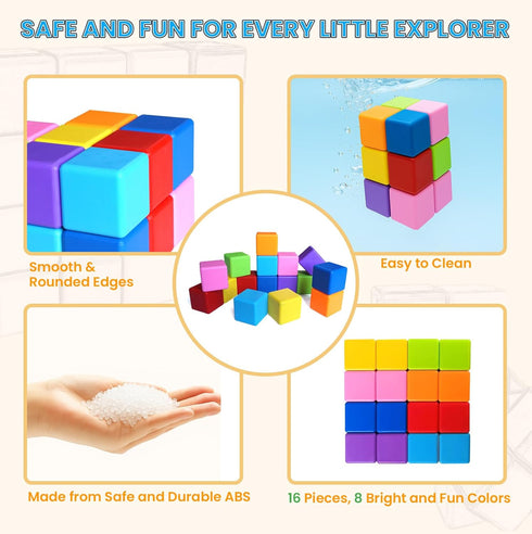 8 1.65 Inch 1 2 3 (16PCS) Large Magnetic Building Blocks in Colors, Magnet Cubes for Sensory Education, STEM Learning