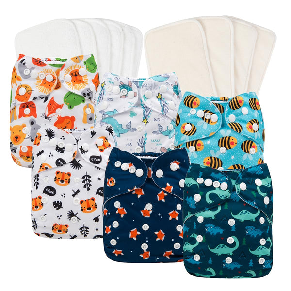 babygoal Reusable Cloth Diapers 6 Pack with 10pcs Inserts, One Size Adjustable