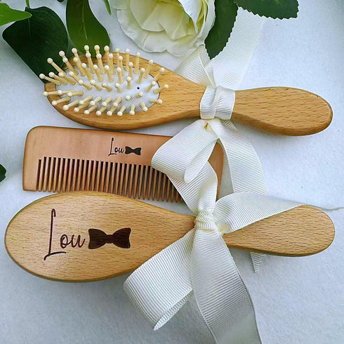 BMVDDFF 3Pcs, Set, Personalized Baby Hair Brush Comb Engraved Name Wood Hair Brush, Baby Shower Gift, New Mom Gift