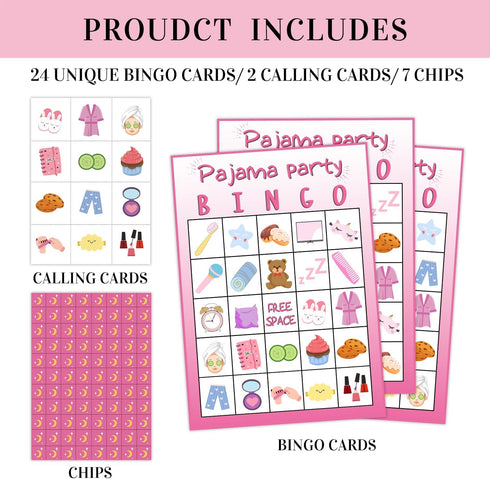 Pajama Party Bingo Game, 24 Player Sleepover Bingo Cards Set for Family Friend Activity, Beauty Party Favor Decoration Holiday Supplies -a07