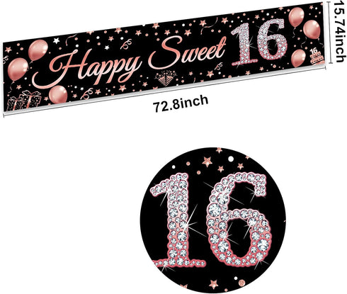 16th Birthday Decorations, Rose Gold Happy Sweet Sixteen Banner Party Supplies for Girl's 16 Year Old