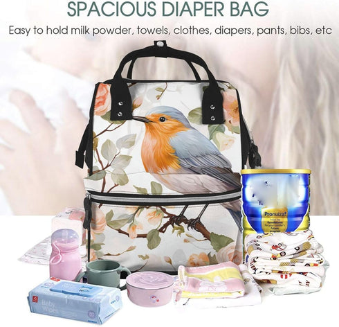 OUSIKA Backpack Daypacks Floral Print Watercolor Robin Bird Print Diaper Bag Multifunction Laptop Travel Large Nappy