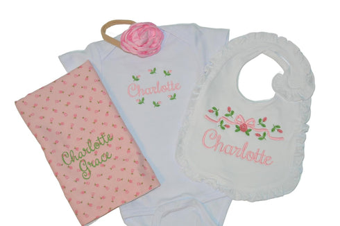 Personalized Baby Girl Rosebud Gift Set Includes Burp Cloth Bodysuit Headband and