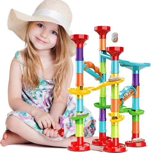 50Pcs Marble Run Set Building Blocks with 30 Glass Marbles for Kids, Girls, Boys Toys, Educational Race Game