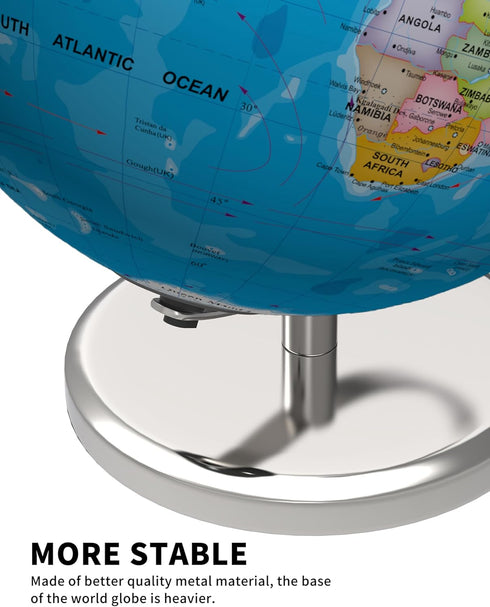 9" Illuminated World Globe with Stand - Educational Globe for Kids Learning, Colorful HD World Map Details