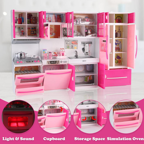 Doll Kitchen Playset for Kids - My Modern Mini Kitchen House with Realistic Lights & Sounds (4-in-1)