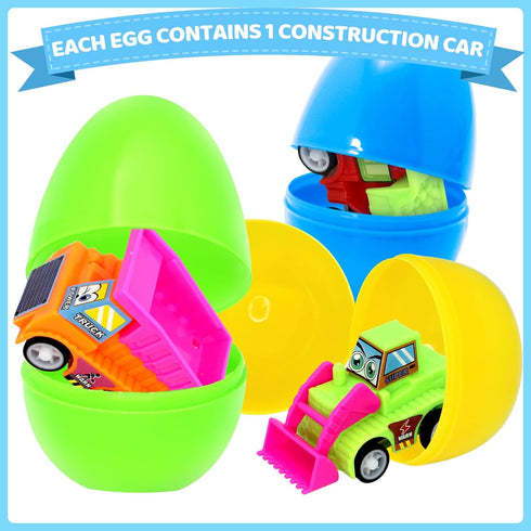 Giaueoa 12 Pcs Prefilled Easter Eggs with Pull-Back Engineering Vehicles Plastic Easter Eggs Filled Cars Toy for Easter