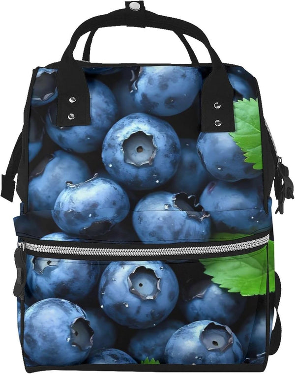 Qewfoju Fresh Blueberries Print Diaper Bag Backpack Large Capacity Diaper Backpack Baby Changing