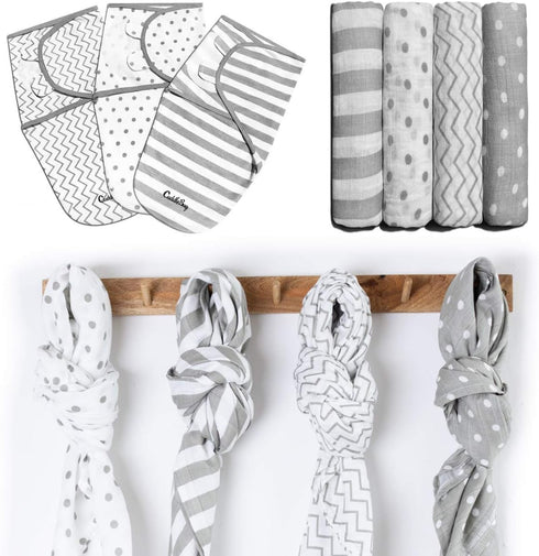 CuddleBug Baby Swaddle Bundle - Adjustable Swaddles & Muslin Swaddle Blankets (Spots