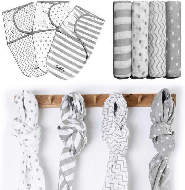 CuddleBug Baby Swaddle Bundle - Adjustable Swaddles & Muslin Swaddle Blankets (Spots