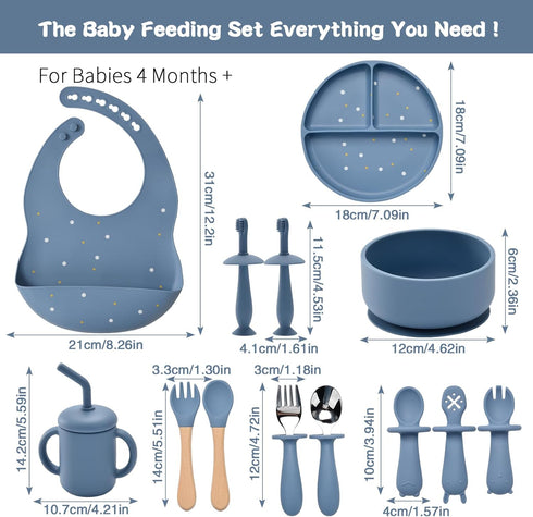 Set,13PCS 6+ Silicone Baby Feeding Feeding Essentials with Suction Bowl and Plate,Spoons & Forks,Bib & Cup