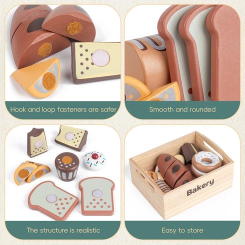 10 Set 3+ PCS Bakery Wooden Play Food for Kids Kitchen, Wooden Food Cutting Toys, Pretend Play Kitchen Food Toy