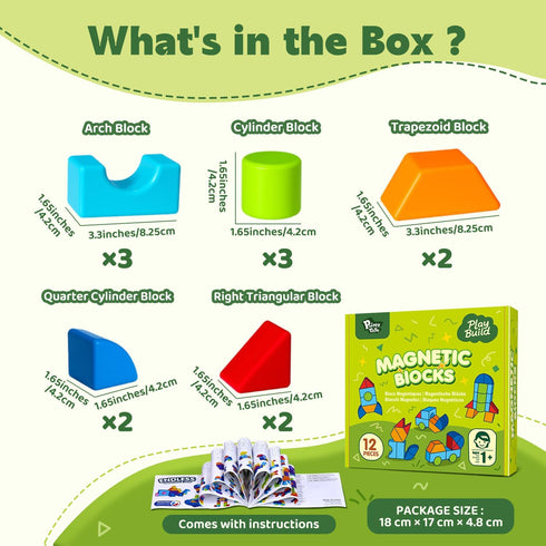 1-3, 3D Set, (12pcs) Pairez Toys Magnetic Building Blocks, Large Magnetic Blocks for Kids Ages Geometric Shapes