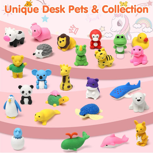 34 Pack Animal Pencil Erasers for Kids - Bulk Desk Pet Toy, 3D Mini Puzzle Erasers, Treasure Box Toys Game Prize