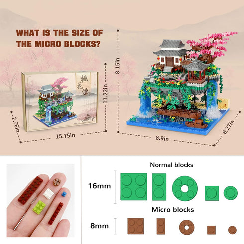 Set 14+ (3320 NEWABWN Cherry Blossom Tree Building with Lighting, Architecture of Peach Blossom Micro Building Blocks