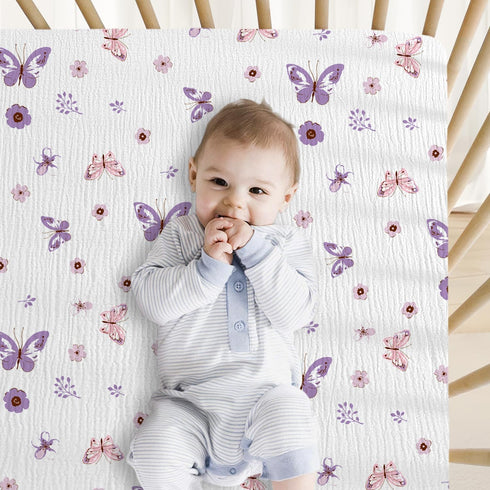 2 Pack, 100% 52x28 inches, Little Grape Land Muslin Crib Sheets Fitted for Boys and Girls Cotton Baby Bed Sheets Soft