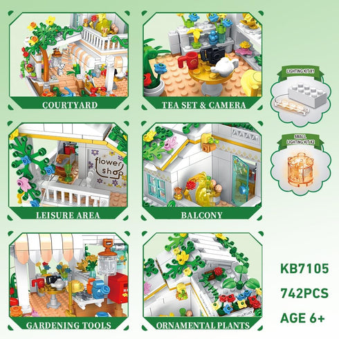 742 Set 6 Flower Shop with LED Light Building Blocks Toys Pieces Girl's Favorite Flowers House Coffee Shop Gift