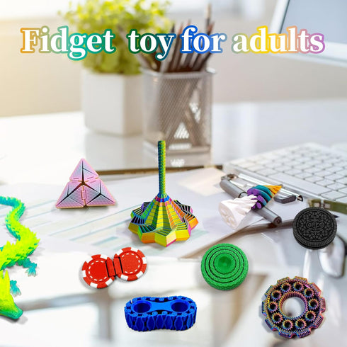 14-in-1 3D Set Printed Fidget for Adults - Sensory Anxiety Relief with Clicker, Articulated Dragon, Impossible Pyramid