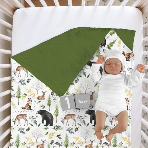 30 40 HawSkgFub Forest Woods Animal Friends Mink Baby Blankets Dotted Backing Boy Girl Shower Gift, Bear Deer Fox