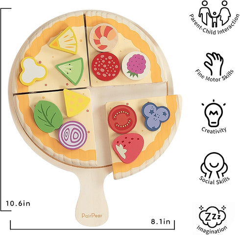 Set, 28 Playset 3+ PairPear Wooden Pizza Cutting Play Food Piece Pretend Play Pizza Toy Kitchen Montessori Kitchen