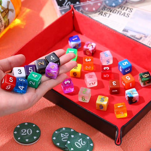 TecUnite 25 Pieces Polyhedral Dice Set with Black Pouch for Table Games (Bright Color, 6 Sides)
