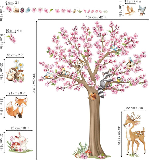 decalmile Woodland Animals Large Flower Tree Wall Decals Cherry Blossom Deer Fox Wall Stickers Baby Nursery Kids