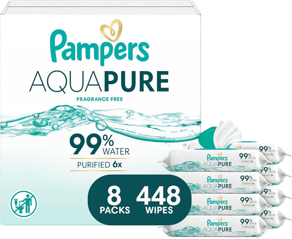 Pampers Aqua Pure Baby Wipes, 99% Water, Fragrance Free, 448 Baby Wipes