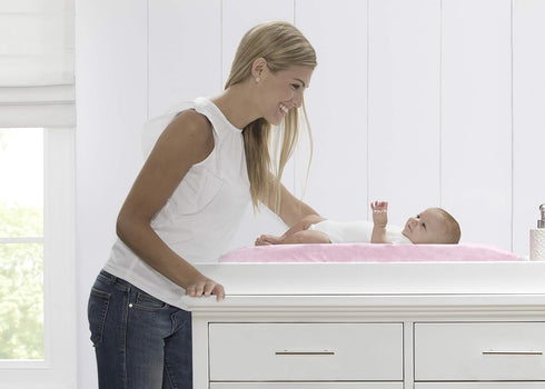 Custom Embroidered Pink Contoured Changing Pad with Plush Cover