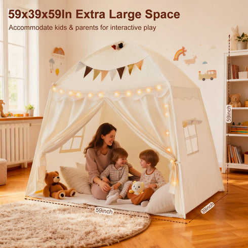 59x39x59in Cozy Large Kids Play Tent Indoor with Padded Mat Lights - Teepee Playhouse with Flags Storage Bag - Reading