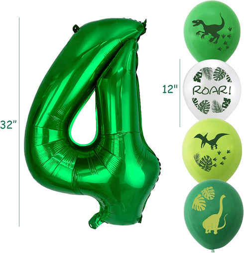 Dinosaur 4th Birthday Decorations, Large Foil Balloons, Happy Birthday Banner, Number 4 Balloon