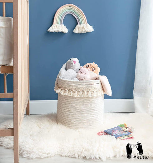 Closet 11"x11" Mkono Macrame Decorative Cotton Rope Basket Boho Nursery Decor Small Cute Woven Tassel Storage Bins