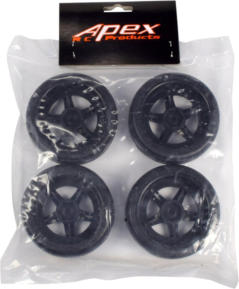 Apex RC Products 1/10 On-Road Black 5 Spoke Wheels with V Tread Rubber Tires (Set of 4) #5000