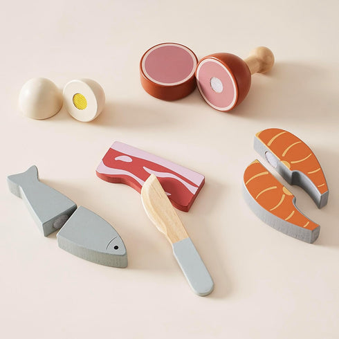 Set, ROBOTIME Wooden Play Food Cutting Meat & Eggs Pretend Play Toy Food for Play Kitchen with Shopping Bag Kids
