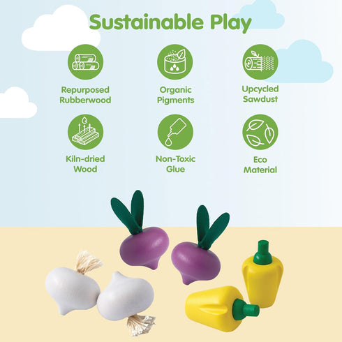 Set PlanToys Wooden Fresh Produce Red Radishes, Garlics and Yellow Bell Peppers | Pretend Play Food for Imaginative