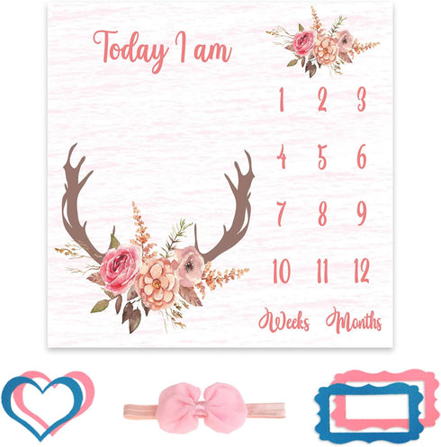 Monthly Milestone Blanket for Baby Girl, Deer Antler Flowers with Words, Pink Baby Growth Chart Blanket, 47"x47"