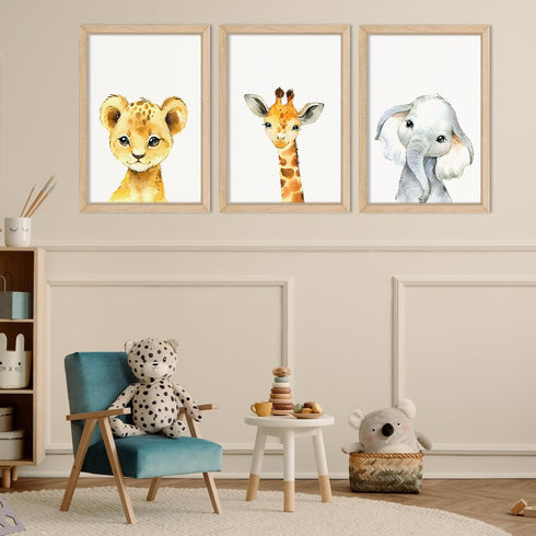 YWJKWLGS Set 3, 11x16 Inch Safari Nursery Wall Art of Natural Wood Framed Watercolor Animal Print, Giraffe Lion