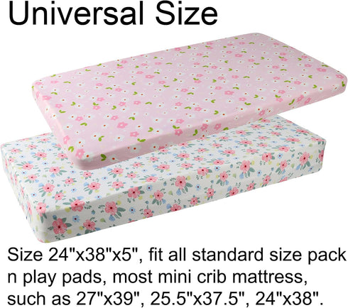 Pack n Play Playard Fitted Sheets 2 Pack Set for Baby Girl, Soft Stretchy Jersey Knit Portable Mini Crib Cover, Pink