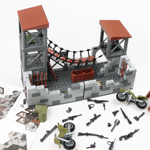 Set, WW2 14+ Finger Rock Military Base Series Small Suspension Building Army Mini War Accessories Kits, DIY Defence