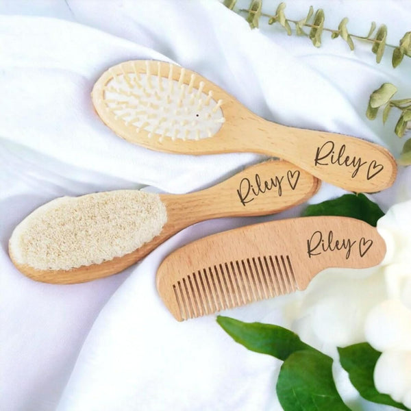 ZYMECH 3pcs Personalized Wooden Baby with Name Hair Brush and Comb Bristles Baby