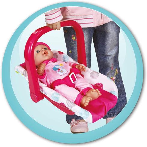 Lissi 12" Set 3+ : Baby Doll & Push-Carry Travel - Pink Elephant Onesie, Car Seat, Folding Umbrella Stroller, Feeding