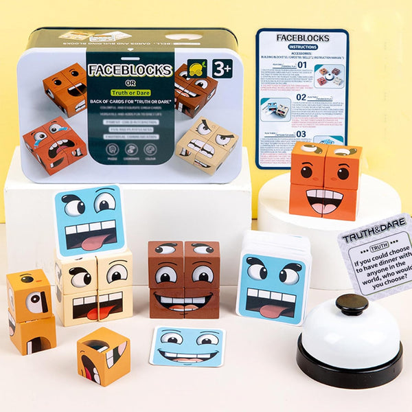 Face Change Cube Game, Wooden Face Changing Magic Cube Game with Bell, Mini Expression Puzzle Building Blocks for Kids.