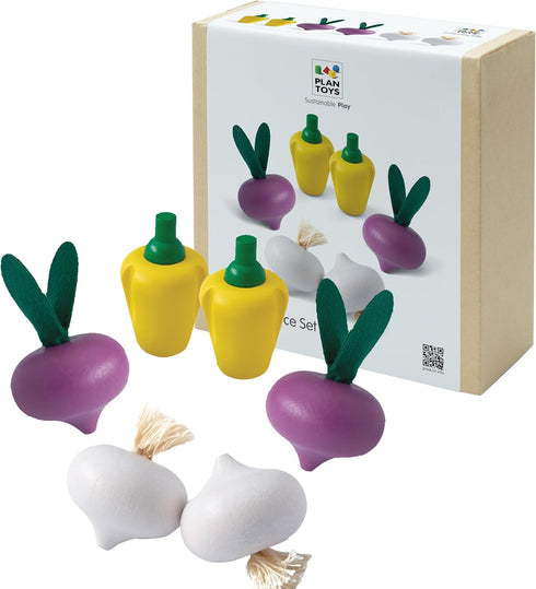 PlanToys Wooden Fresh Produce Set Red Radishes, Garlics and Yellow Bell Peppers