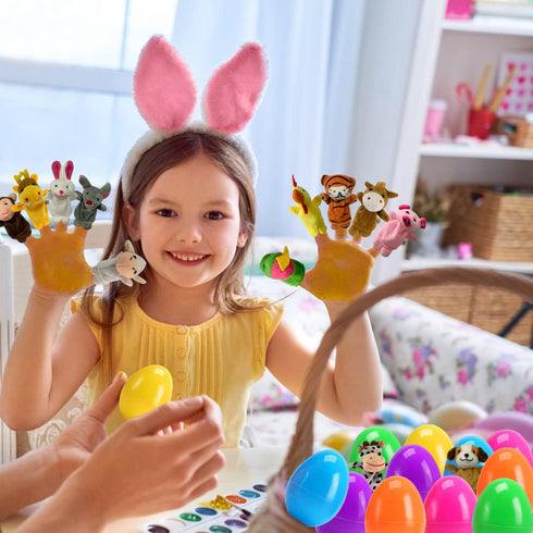 12 Pack Easter Eggs Filled with Animal Finger Puppets, Easter Basket Stuffers Surprise Easter Gifts Prefilled Mini